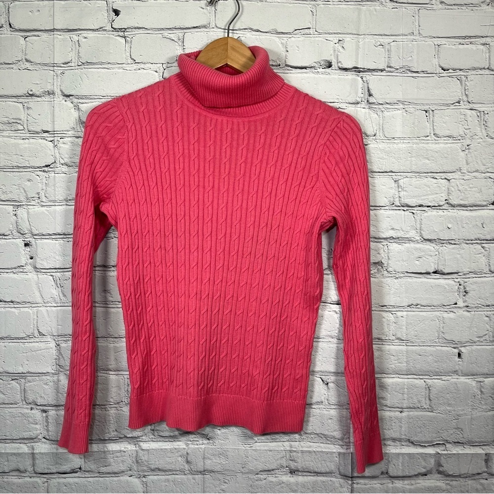 Talbots Cable Knit Turtleneck Sweater Womens Size XS Pink Lightweight Pullover